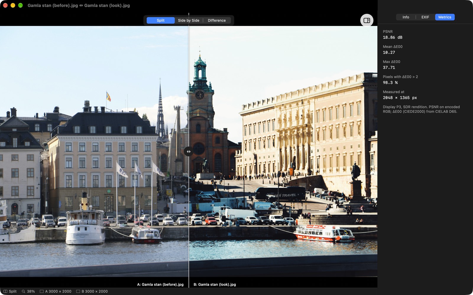 XCViewer compare view in Split mode with A and B labels, and the Metrics panel with PSNR and Delta E 2000 values