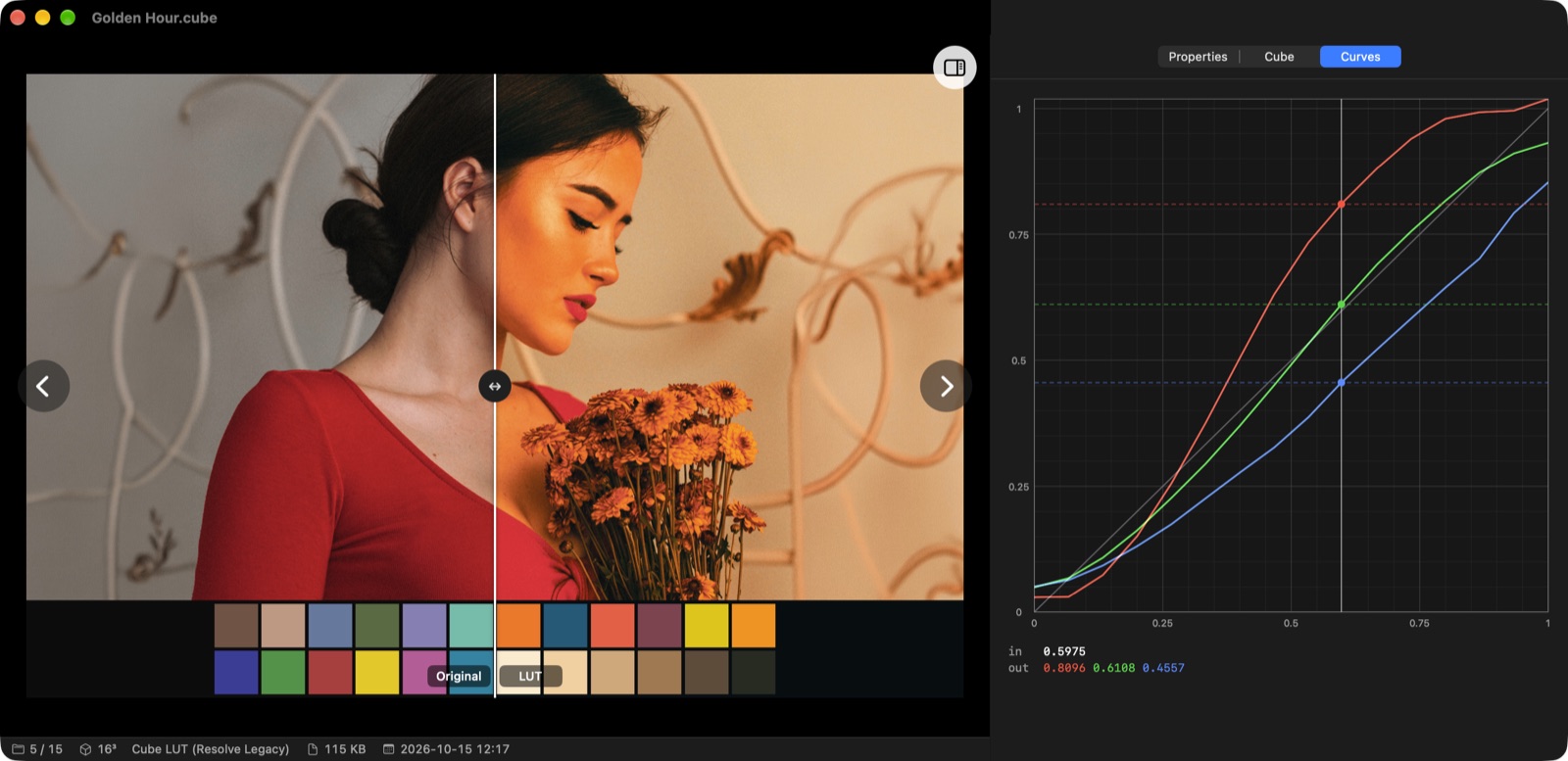 XCViewer showing the Golden Hour LUT with the Curves tab: red, green and blue curves with a readout