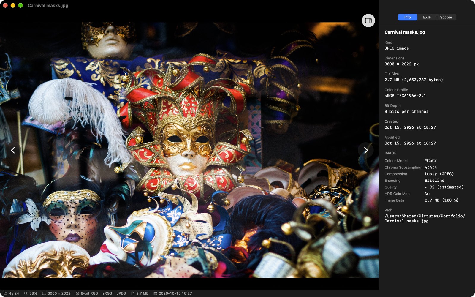 XCViewer showing a photo of carnival masks, with the status bar below and the Info panel on the right with format, size, colour profile and JPEG details
