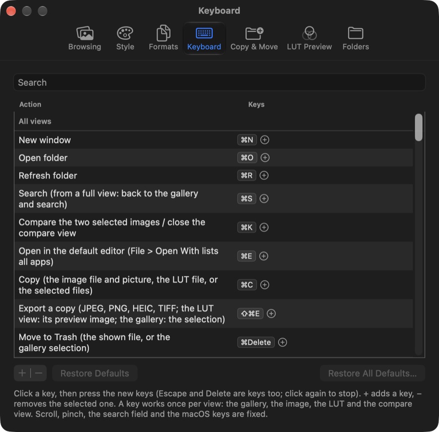 Settings, Keyboard tab with a search field and a list of actions and their keys, each with a button to add a key
