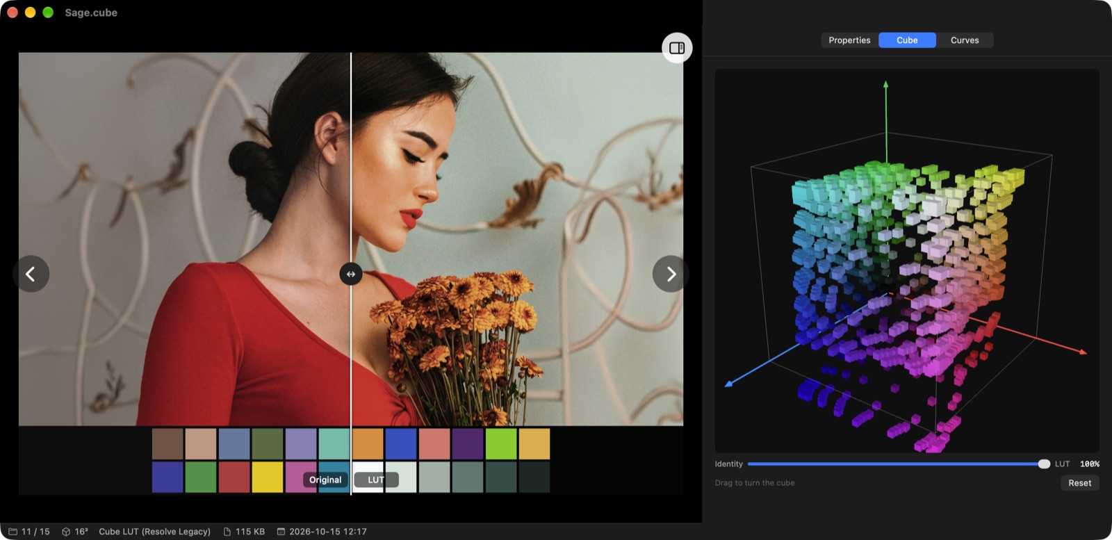 XCViewer showing the Sage LUT as a before/after split on a portrait with a colour chart band, and the Cube tab with the 3D lattice of the LUT