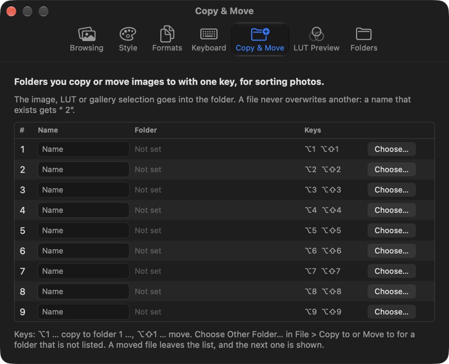 Settings, Copy and Move tab with nine destination folders and their keys